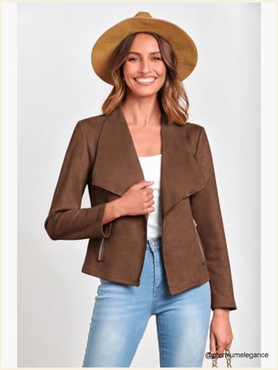 Faux Suede Cropped Jacket Long Sleeve Open Front Waterfall Collar Casual - Picture 4 of 7